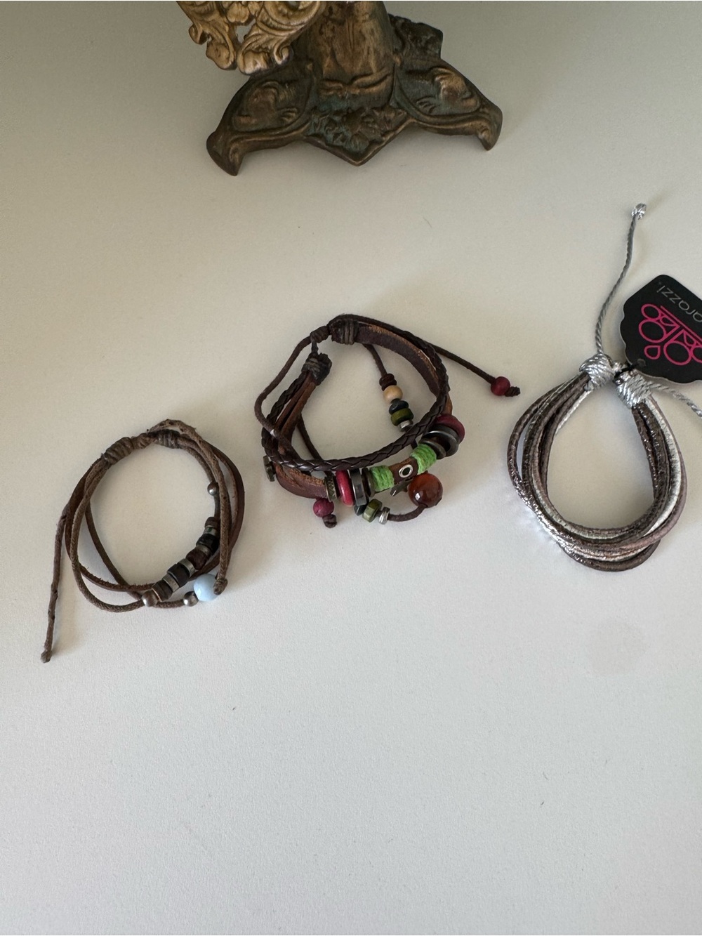Boho Trio Women's Bracelet Set - Brown Leather with Colorful Beads